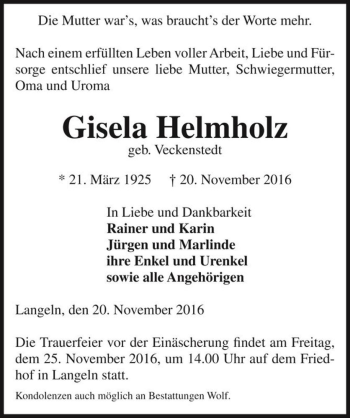 Traueranzeige von Gisela Helmholz (geb. Veckenstedt)  von Magdeburger Volksstimme