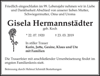 Traueranzeige von Gisela Hermannstädter (geb. Koch)  von Magdeburger Volksstimme