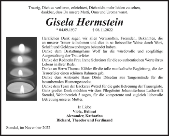 Traueranzeige von Gisela Hermstein  von Magdeburger Volksstimme