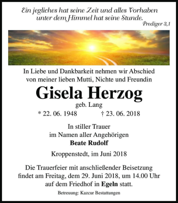 Traueranzeige von Gisela Herzog (geb. Lang)  von Magdeburger Volksstimme