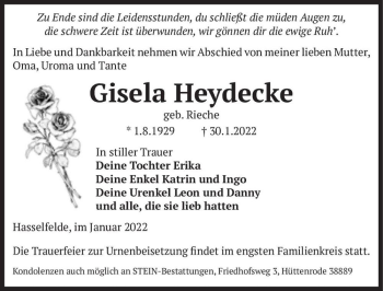 Traueranzeige von Gisela Heydecke (geb. Rieche)  von Magdeburger Volksstimme
