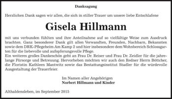 Traueranzeige von Gisela Hillmann  von Magdeburger Volksstimme