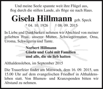 Traueranzeige von Gisela Hillmann (geb. Speck)  von Magdeburger Volksstimme