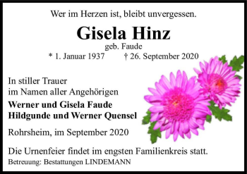Traueranzeige von Gisela Hinz (geb. Faude)  von Magdeburger Volksstimme