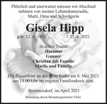 Traueranzeige von Gisela Hipp  von Magdeburger Volksstimme