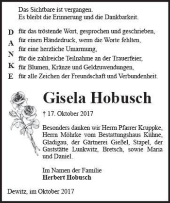 Traueranzeige von Gisela Hobusch  von Magdeburger Volksstimme