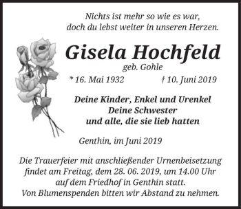 Traueranzeige von Gisela Hochfeld (geb. Gohle)  von Magdeburger Volksstimme