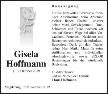 Traueranzeige von Gisela Hoffmann  von Magdeburger Volksstimme