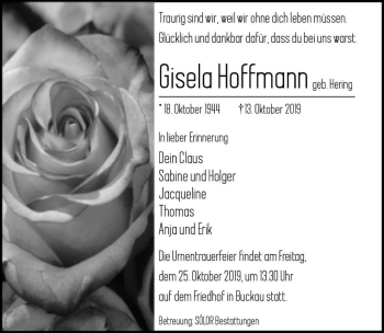 Traueranzeige von Gisela Hoffmann (geb. Hering)  von Magdeburger Volksstimme