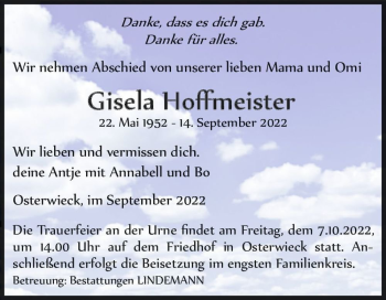 Traueranzeige von Gisela Hoffmeister  von Magdeburger Volksstimme