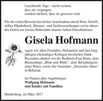 Traueranzeige von Gisela Hofmann  von Magdeburger Volksstimme