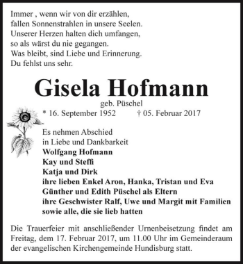 Traueranzeige von Gisela Hofmann (geb. Püschel)  von Magdeburger Volksstimme