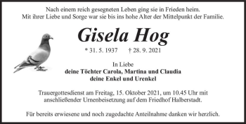 Traueranzeige von Gisela Hog  von Magdeburger Volksstimme