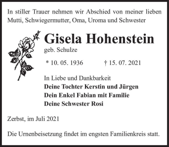 Traueranzeige von Gisela Hohenstein (geb. Schulze)  von Magdeburger Volksstimme