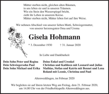 Traueranzeige von Gisela Hohmann  von Magdeburger Volksstimme