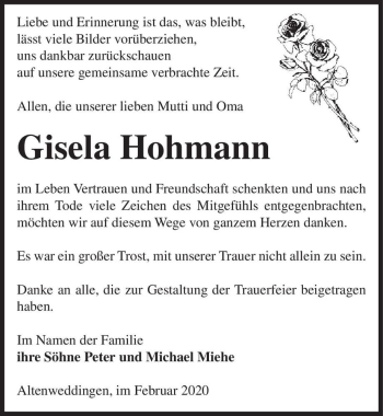 Traueranzeige von Gisela Hohmann  von Magdeburger Volksstimme