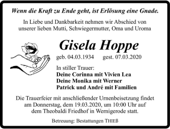 Traueranzeige von Gisela Hoppe  von Magdeburger Volksstimme