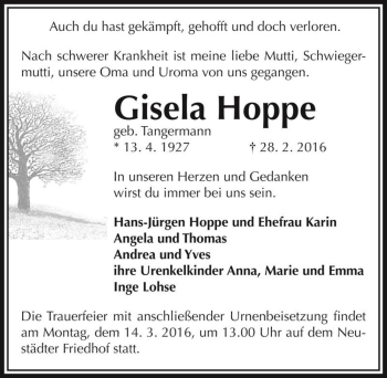 Traueranzeige von Gisela Hoppe (geb. Tangermann)  von Magdeburger Volksstimme