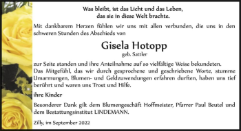 Traueranzeige von Gisela Hotopp (geb. Sattler)  von Magdeburger Volksstimme