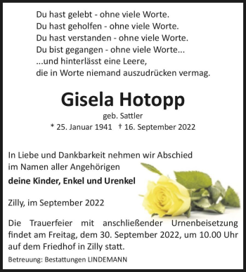 Traueranzeige von Gisela Hotopp (geb. Sattler)  von Magdeburger Volksstimme