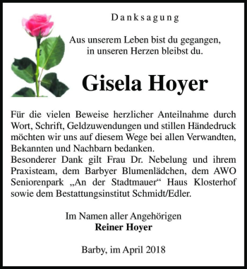 Traueranzeige von Gisela Hoyer  von Magdeburger Volksstimme