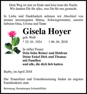 Traueranzeige von Gisela Hoyer (geb. Wolf)  von Magdeburger Volksstimme