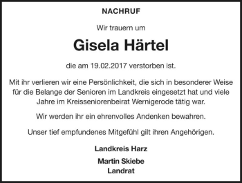 Traueranzeige von Gisela Härtel  von Magdeburger Volksstimme