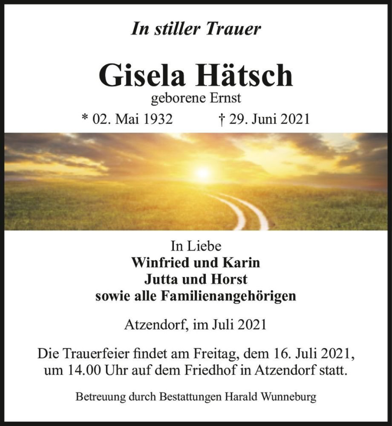  Traueranzeige für Gisela Hätsch (geb. Ernst)  vom 10.07.2021 aus Magdeburger Volksstimme