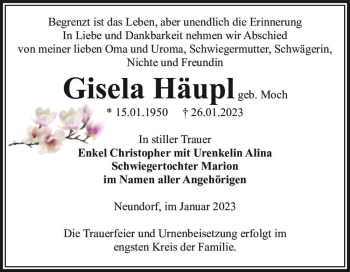 Traueranzeige von Gisela Häupl (geb. Moch)  von Magdeburger Volksstimme