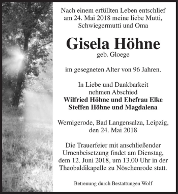 Traueranzeige von Gisela Höhne (geb. Gloege)  von Magdeburger Volksstimme