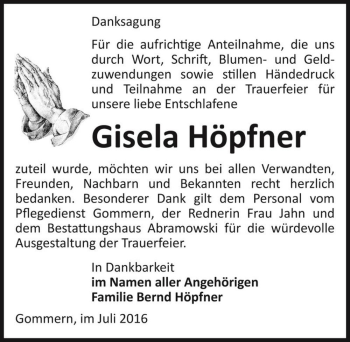 Traueranzeige von Gisela Höpfner  von Magdeburger Volksstimme