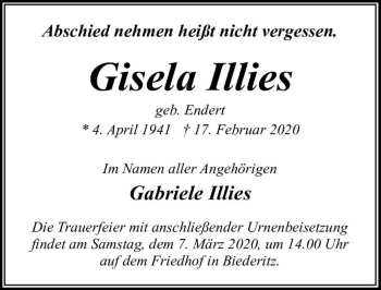 Traueranzeige von Gisela Illies (geb. Endert)  von Magdeburger Volksstimme