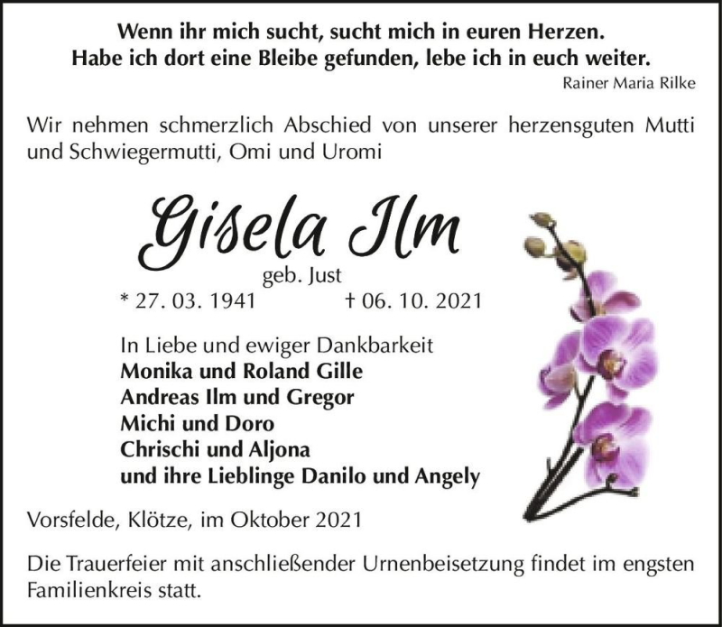  Traueranzeige für Gisela Ilm (geb. Just)  vom 16.10.2021 aus Magdeburger Volksstimme