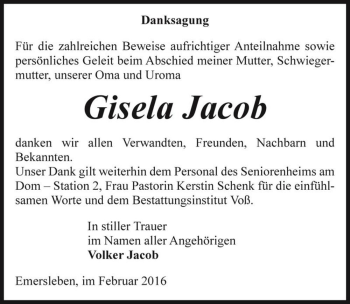 Traueranzeige von Gisela Jacob  von Magdeburger Volksstimme
