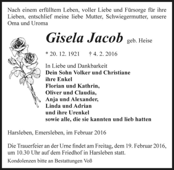 Traueranzeige von Gisela Jacob (geb. Heise)  von Magdeburger Volksstimme