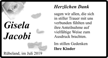 Traueranzeige von Gisela Jacobi  von Magdeburger Volksstimme