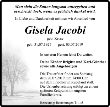 Traueranzeige von Gisela Jacobi (geb. Kruse)  von Magdeburger Volksstimme