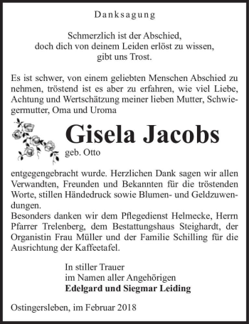 Traueranzeige von Gisela Jacobs (geb. Otto)  von Magdeburger Volksstimme