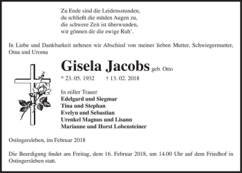 Traueranzeige von Gisela Jacobs (geb. Otto)  von Magdeburger Volksstimme