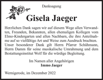 Traueranzeige von Gisela Jaeger  von Magdeburger Volksstimme