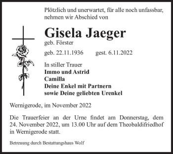 Traueranzeige von Gisela Jaeger (geb. Förster)  von Magdeburger Volksstimme