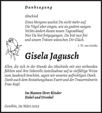 Traueranzeige von Gisela Jagusch  von Magdeburger Volksstimme