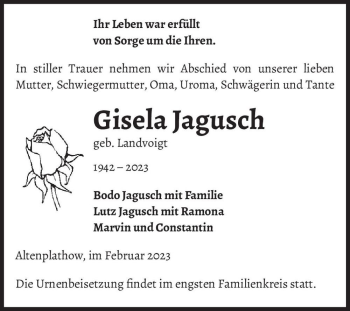 Traueranzeige von Gisela Jagusch (geb. Landvoigt)  von Magdeburger Volksstimme