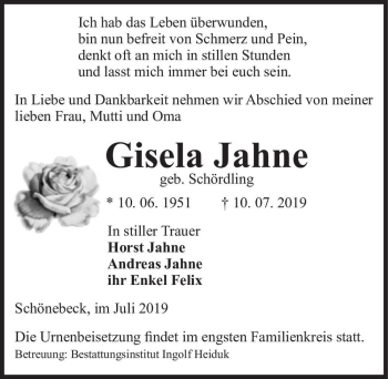 Traueranzeige von Gisela Jahne (geb. Schördling)  von Magdeburger Volksstimme