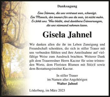 Traueranzeige von Gisela Jahnel  von Magdeburger Volksstimme