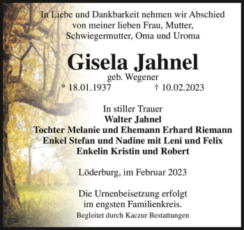 Traueranzeige von Gisela Jahnel (geb. Wegener)  von Magdeburger Volksstimme