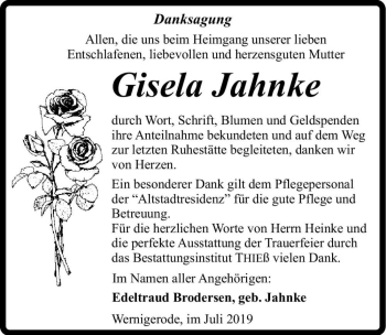 Traueranzeige von Gisela Jahnke  von Magdeburger Volksstimme
