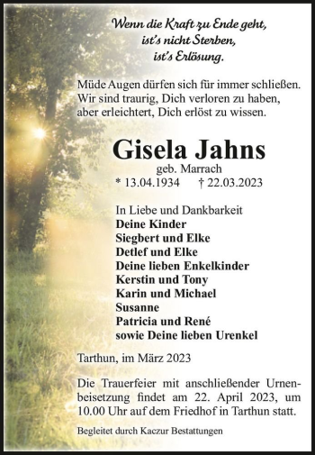 Traueranzeige von Gisela Jahns (geb. Marrach)  von Magdeburger Volksstimme