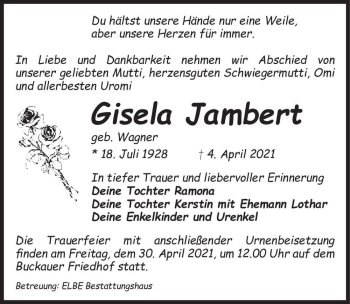Traueranzeige von Gisela Jambert (geb. Wagner)  von Magdeburger Volksstimme