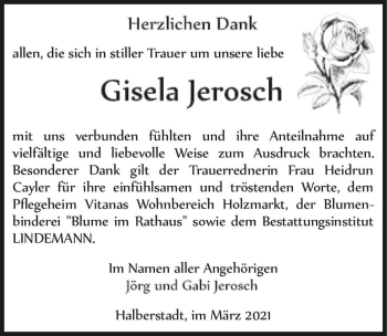 Traueranzeige von Gisela Jerosch  von Magdeburger Volksstimme